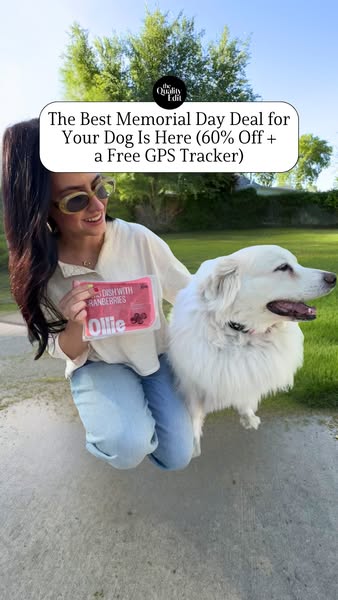 This ad features a woman kneeling outside next to her dog, promoting a Memorial Day deal for Ollie dog food. The offer i