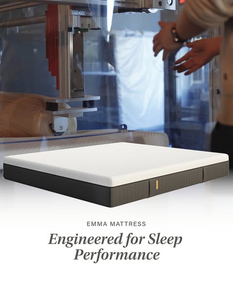 The ad highlights the Emma mattress by showcasing an automated machine testing the mattress's durability and enginee