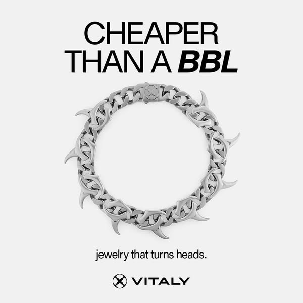 This ad for Vitaly promotes a necklace using humor by claiming that it is cheaper than a BBL.