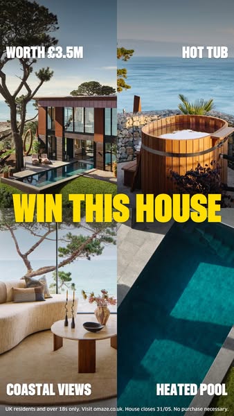 The image ad showcases a modern house worth £3.5M that one lucky person could win. The ad splits into four quadrants hig