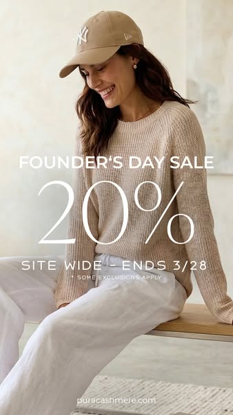 This image ad promotes Pura Cashmere with a Founder's Day sale offering 20% off site-wide. The image features a casu
