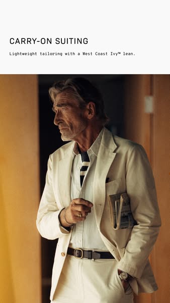 This ad promotes men's carry-on suiting. It features a stylish man in a light-colored suit, suggesting lightweight t