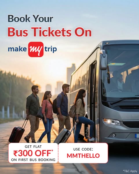 This image ad by MakeMyTrip is designed to promote bus ticket bookings. It features an image of people boarding a bus, c