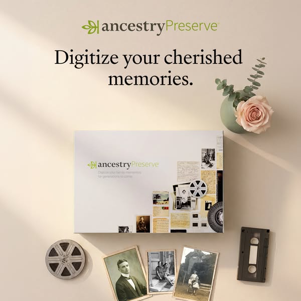 Ad for Ancestry Preserve showing a box of their digitization service and various old photos, film reel, and cassette tap