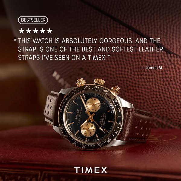 This ad features a product shot of a Timex watch next to a football. It contains a quote from a happy customer.