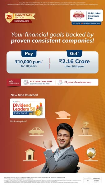 This ad promotes ICICI Pru Dividend Leaders 50 Index Fund. It invites viewers to invest in the fund to achieve financial