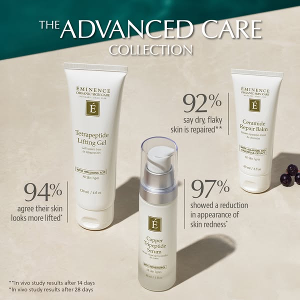 This image ad for Éminence Organic Skin Care's Advanced Care Collection highlights three different products and thei