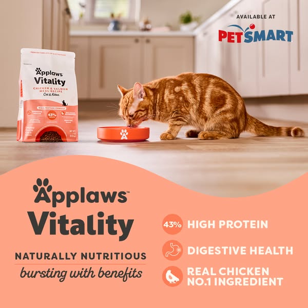 This image ad for Applaws Vitality cat food emphasizes the natural nutrition and high protein content of the product, hi