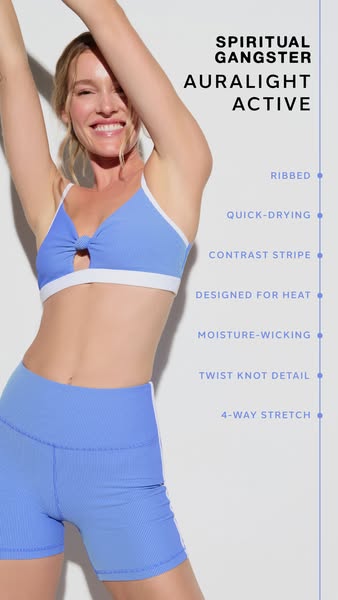 This image ad features a woman in athletic wear while highlighting the features of the Spiritual Gangster Auralight acti