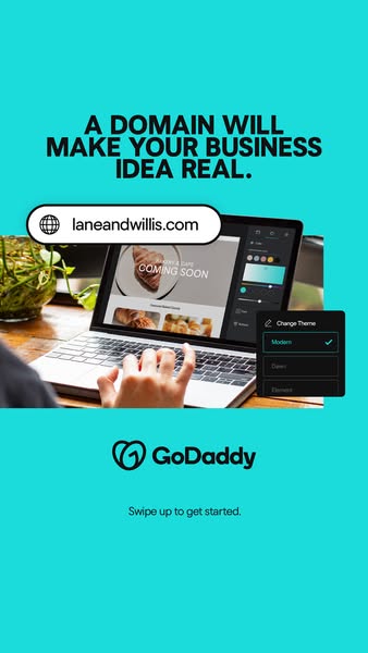 This ad promotes GoDaddy's domain registration and website building services, emphasizing how a domain name can turn