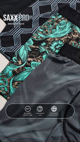 This image ad showcases the brand SAXX and its SAXX PRO SMOOTH FLEX underwear. The ad highlights the product's featu