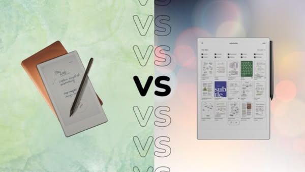 This ad compares two different digital notepads, one positioned on a green background and one on a blurred background.