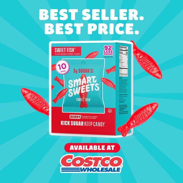 This ad promotes SmartSweets' Sweet Fish candy, highlighting that it's a best-selling product available at a bes