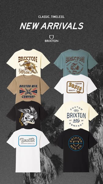The image ad displays various Brixton t-shirts against a backdrop featuring a palm tree, promoting their new arrivals wi