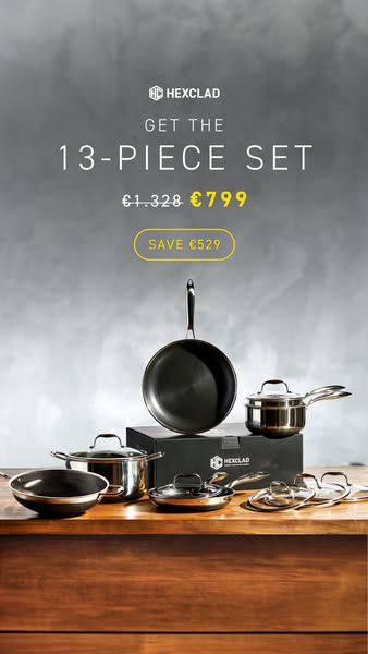 This ad promotes the Hexclad 13-piece cookware set. It displays the items from the set against a wood surface and smoky 