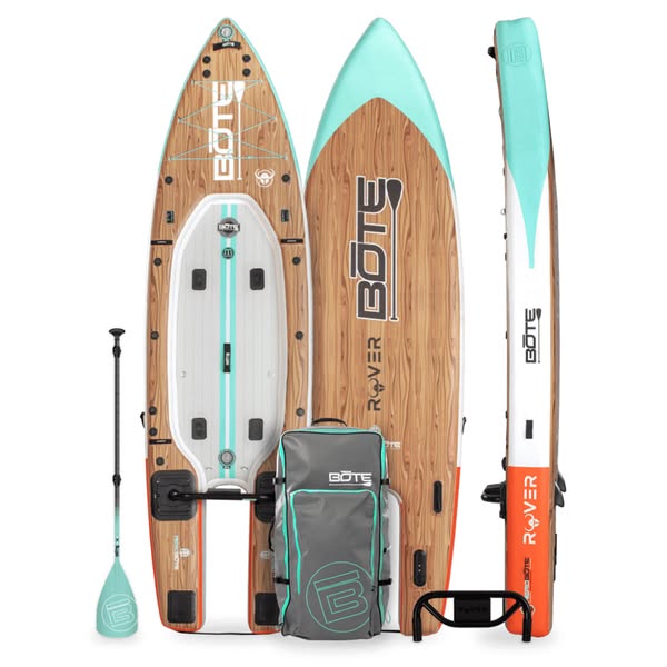 This ad showcases the BOTE Rover paddle board, highlighting its design and included accessories.