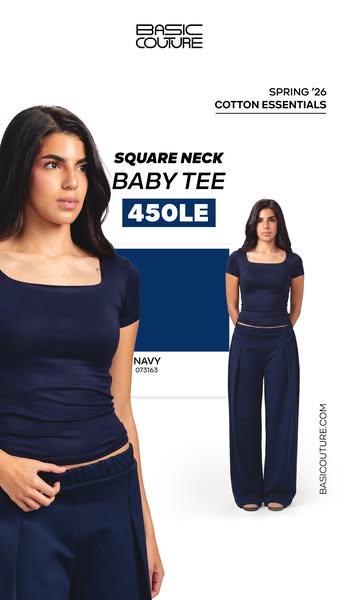 This is a product ad that showcases a square neck baby tee. It features a model wearing the garment and highlights the c