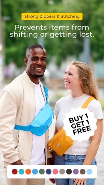 This ad features a man and woman wearing fanny packs. The ad highlights the fanny packs' durable zippers and stitchi