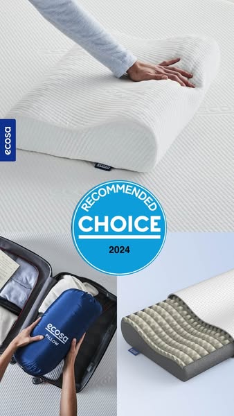 This image ad showcases the Ecosa pillow and highlights its features of being a recommended choice and conveniently port