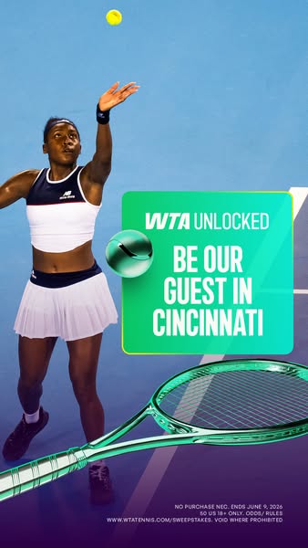 This vertical format ad promotes a sweepstakes from WTA tennis, inviting viewers to enter for a chance to win a trip to 