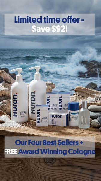 This ad promotes Huron's four best selling products for men, plus an award-winning cologne, with a limited time offe
