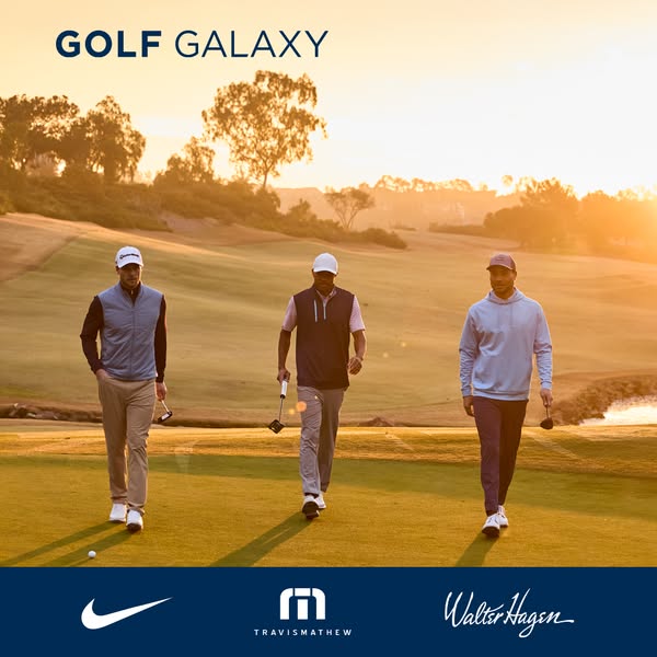 An advertisement featuring golf apparel from three brands, Nike, Travis Mathew, and Walter Hagen. The ad features a phot