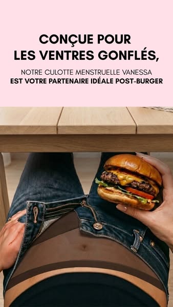 This ad promotes period underwear for women and targets them by acknowledging bloating and discomfort after eating, posi