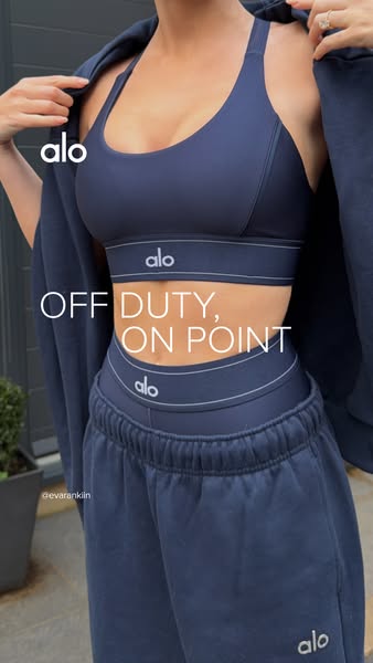 This ad features a woman wearing an Alo sports bra and sweatpants. Text overlayed on the image reads "OFF DUTY, ON 