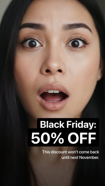 This ad features a close-up of a woman's face with a surprised expression, overlaid with text promoting a Black Frid