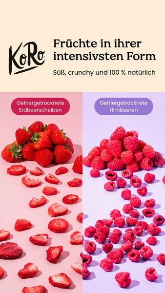 This ad compares freeze-dried strawberries and raspberries from KoRo, highlighting their intense flavor, crunchiness, an