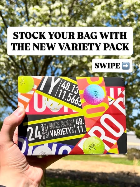 A hand holds a box of Vice golf balls. Text encourages the viewer to swipe to learn more and stock their bag with the ne