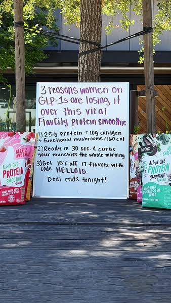 An image promoting FlavCity protein smoothies, highlighting their benefits for women on GLP-1 medications. The ad emphas