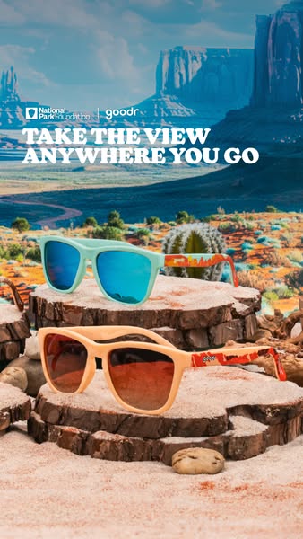 This ad showcases Goodr sunglasses in front of a desert landscape, emphasizing their suitability for outdoor adventures 