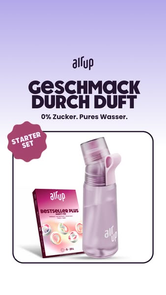 This ad showcases the Air Up water bottle and flavor pods. It emphasizes that the bottle provides flavor through scent a