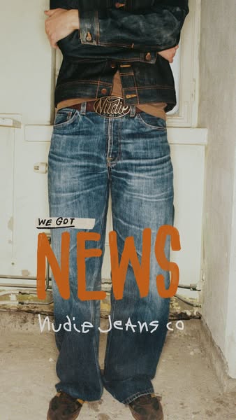 This image ad is announcing something new for Nudie Jeans Co. The model is wearing a denim jacket, light wash denim jean