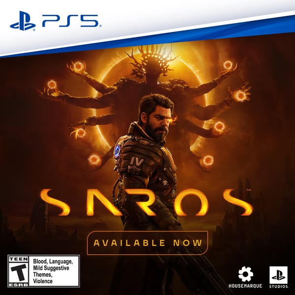 This is an image ad for the video game "SAROS", available now on PS5. It features the game's protagonist s