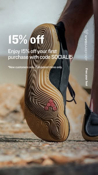 This ad for VIVOBAREFOOT promotes a 15% discount for new customers on full-priced items. The image focuses on the sole o