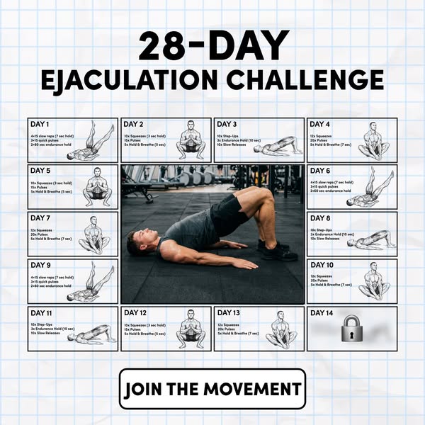 This image ad is advertising a 28-day ejaculation challenge. The image has a grid-like format and contains 14 boxes deta