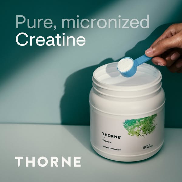This ad showcases Thorne's Creatine supplement, emphasizing its purity and micronized form, appealing to health-cons