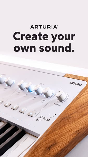 This ad showcases the Arturia Astrolab synthesizer. The ad uses a close-up shot of the synthesizer to highlight the desi