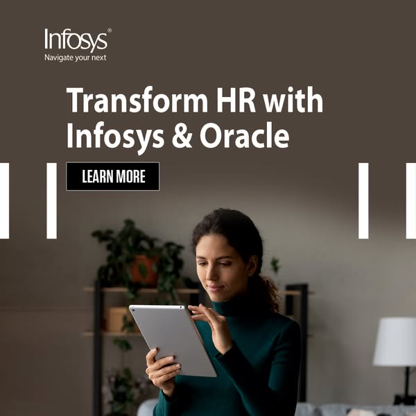 This ad for Infosys showcases the company's partnership with Oracle to transform HR departments. The image features 