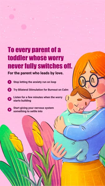 This image ad for the Burnout on Calm app targets parents of toddlers, acknowledging their constant worry and offering s