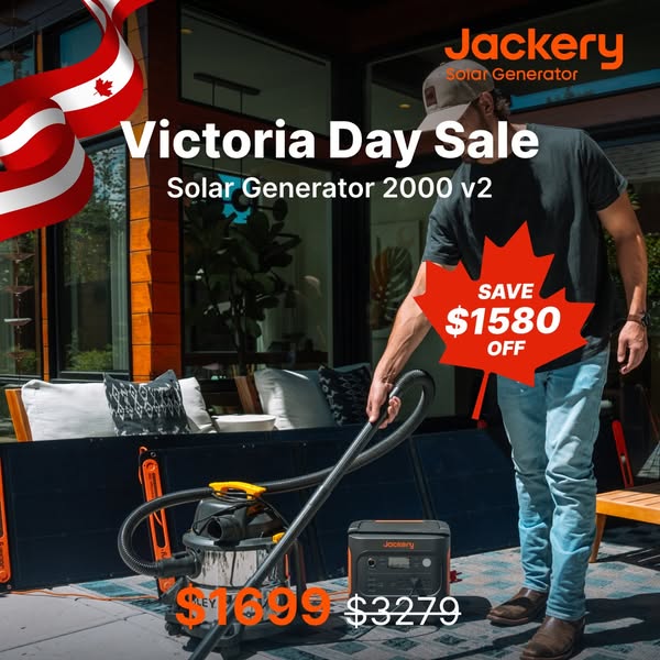 This image ad for Jackery Solar Generator promotes their Victoria Day Sale. It features a man using the solar generator 