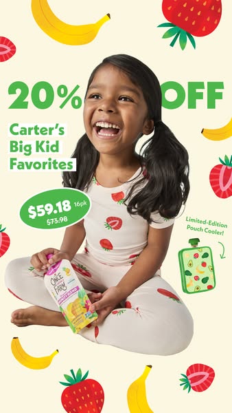 Ad for Carter's "Big Kid Favorites" featuring a child wearing pajamas with a discount listed on the image,