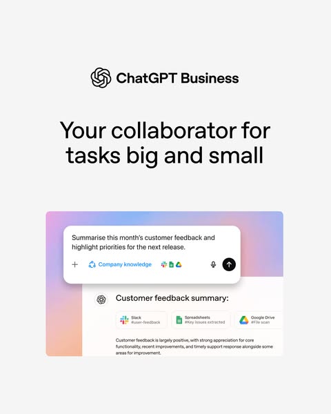 This ad showcases the ability of ChatGPT Business to summarize customer feedback and highlight priorities for the next r