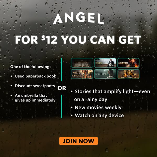This ad uses a rainy weather backdrop to present an offer from Angel for movies or discounted items that can be enjoyed 