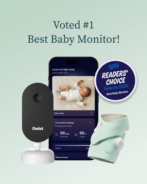 This ad showcases the Owlet baby monitor and Dream Sock. It highlights that the monitor was voted #1 and showcases its h