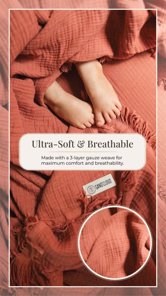This ad showcases a Sand Cloud blanket, emphasizing its ultra-soft and breathable qualities due to its 3-layer gauze wea