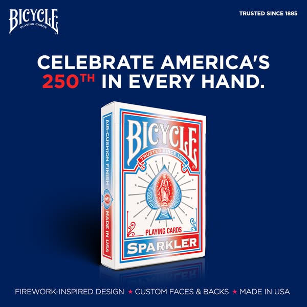 This ad is for Bicycle playing cards, specifically the Sparkler deck. The ad emphasizes the brand's long history (si