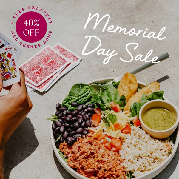 This image ad promotes a 40% off and free delivery sale all summer long to celebrate Memorial Day. It features a salad w
